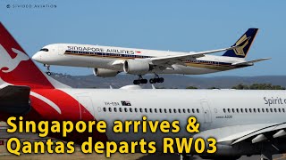 Singapore Airlines (9V-SHP) arrives & Qantas Airways (VH-EBA) departs  RW03 at Perth Airport.