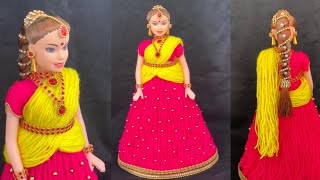 DIY|BEAUTIFUL INDIAN BARBIE WOOLEN DOLL CRAFT|HOW TO DECORATE DOLL WITH WOOL/OON KI  GUDIYA SAJAYE