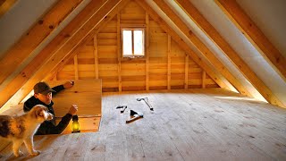 Building Sleeping Loft in my Homestead in the Woods With my DOG | Installing a Wood Floor