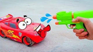 Lightning McQueen With Toy Water Gun | Tayo Little Bus, Disney Cars Mack Truck | Toys For Kids