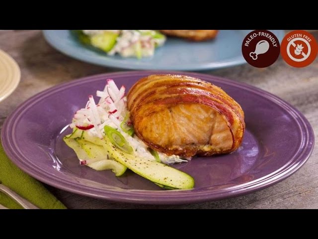 Bacon-Wrapped Salmon Filets with Ranch Sour Cream and Radishes | Rachael Ray Show