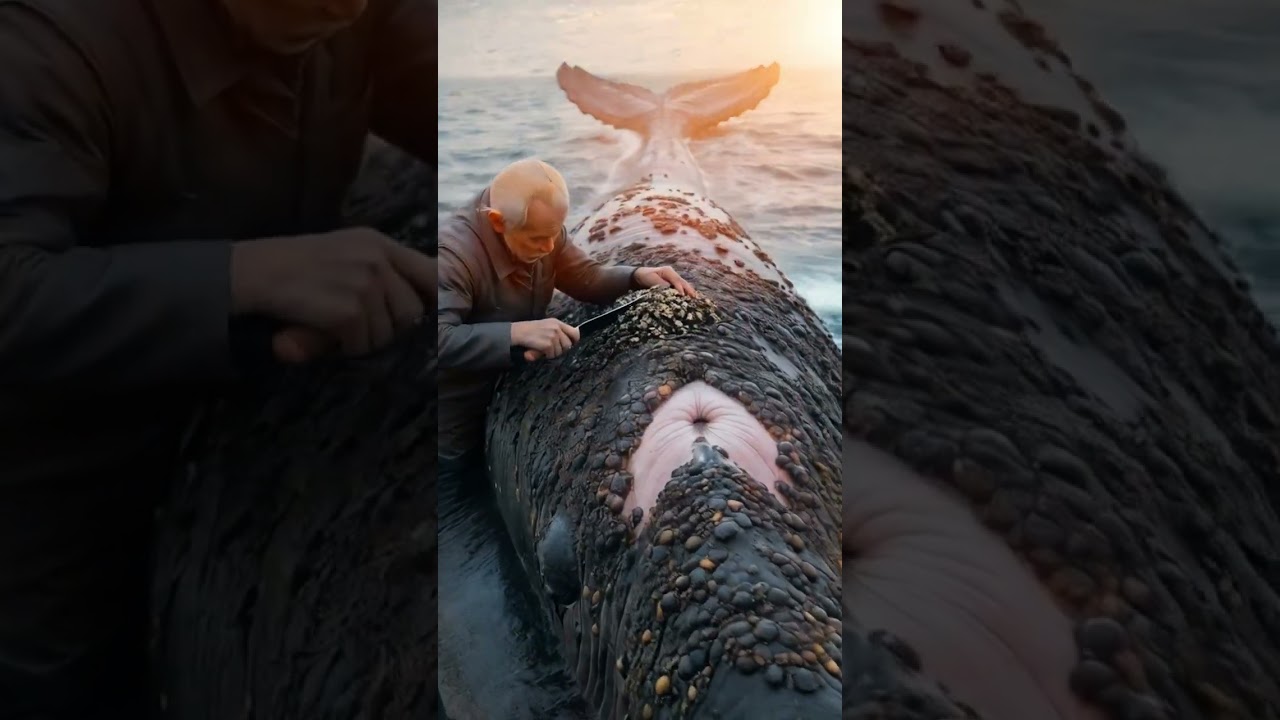 The Old Man’s Compassion: Cleaning a Wounded Whale Covered in Barnacles