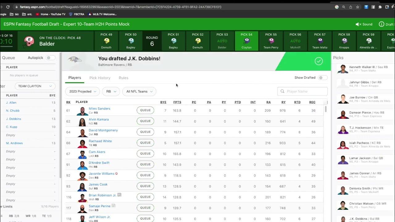 Drafting 7 spot 10 man non ppr ESPN Fantasy Football Mock YouTube