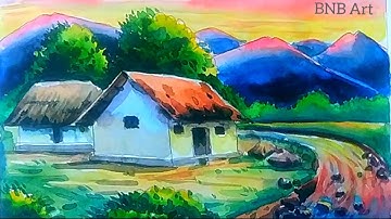 Landscape Scenery Drawing with Watercolor | Easy Scenery Art for Beginners