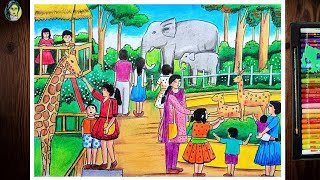 How To Draw A Scenery Of Zoo Step By Step | Zoo Scenery Drawing Easy | Zoo Animals Drawing Easy