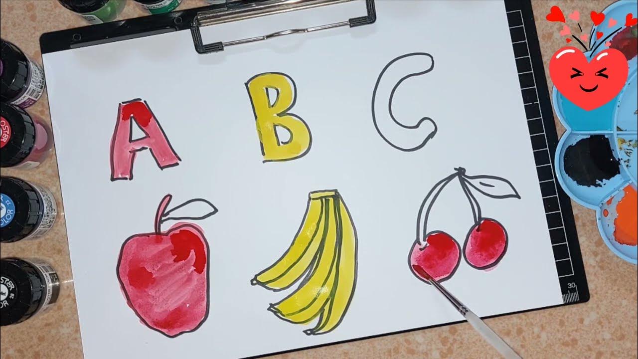 How to draw A apple B banana C cherry - YouTube