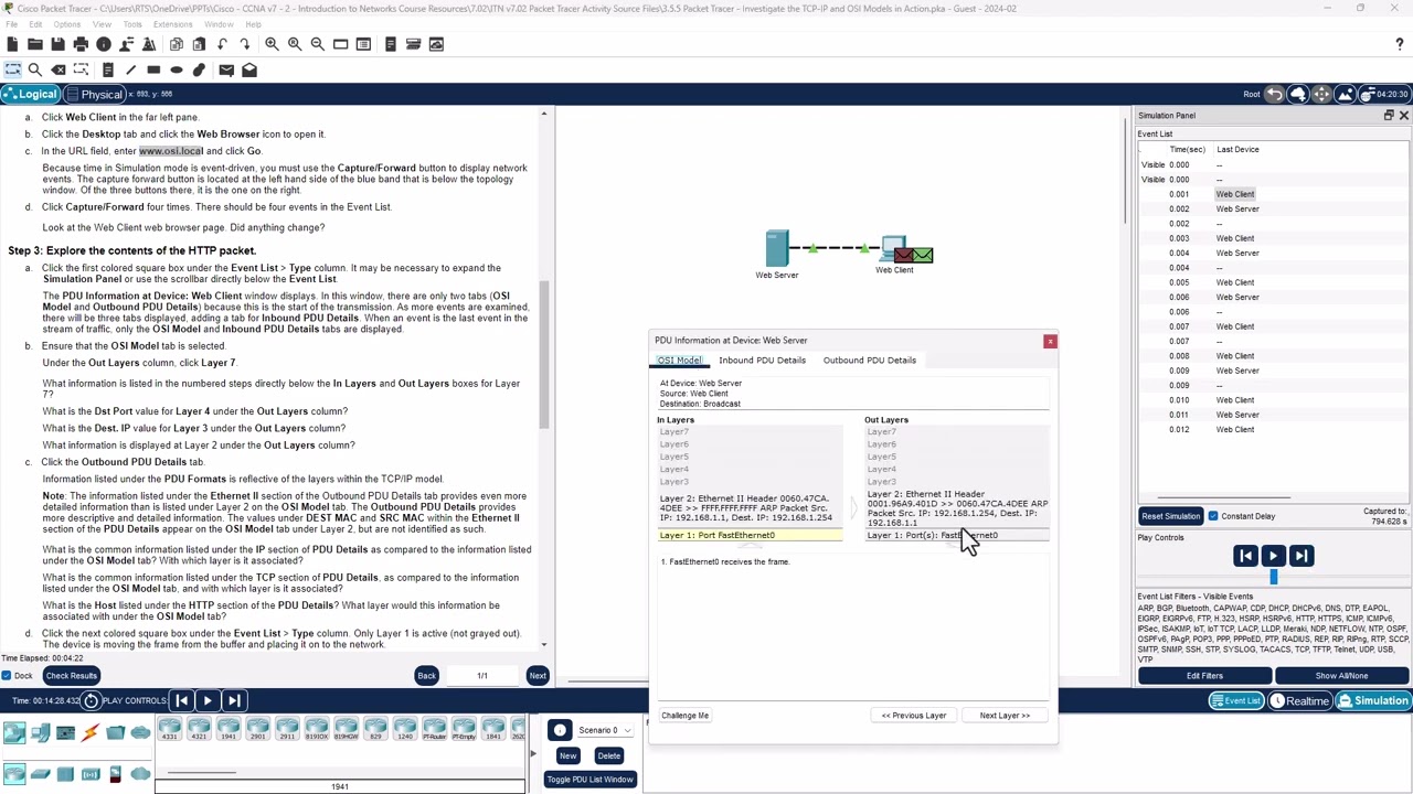 CCNA1-ITNv7 - 3.5.5 Packet Tracer - Investigate the TCP-IP and OSI Models in Action
