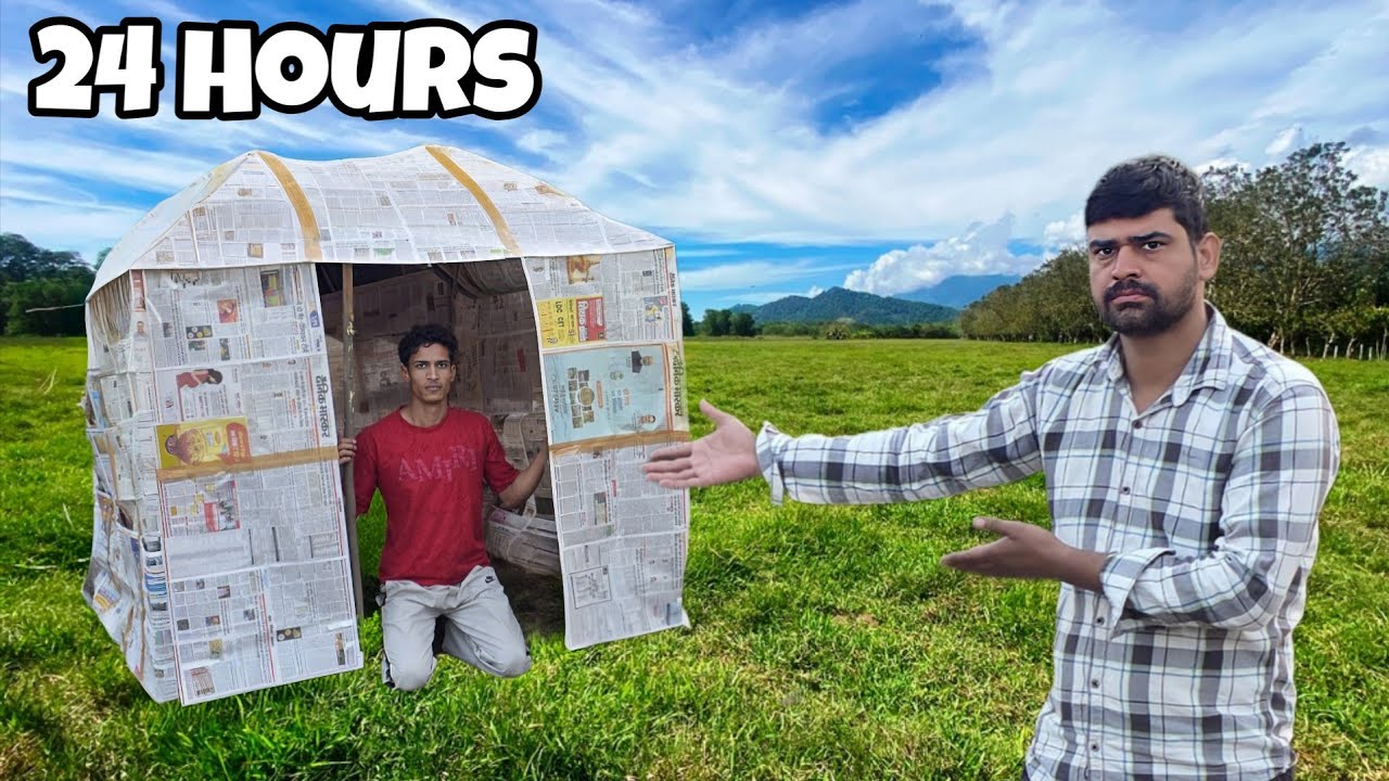 Surviving 24 hours in newspaper house Challenge - YouTube