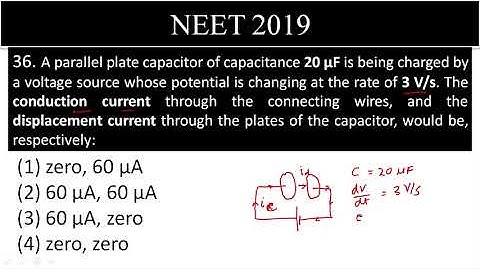 A parallel plate capacitor of capacitance 20 µF is being charged by a voltage source whose