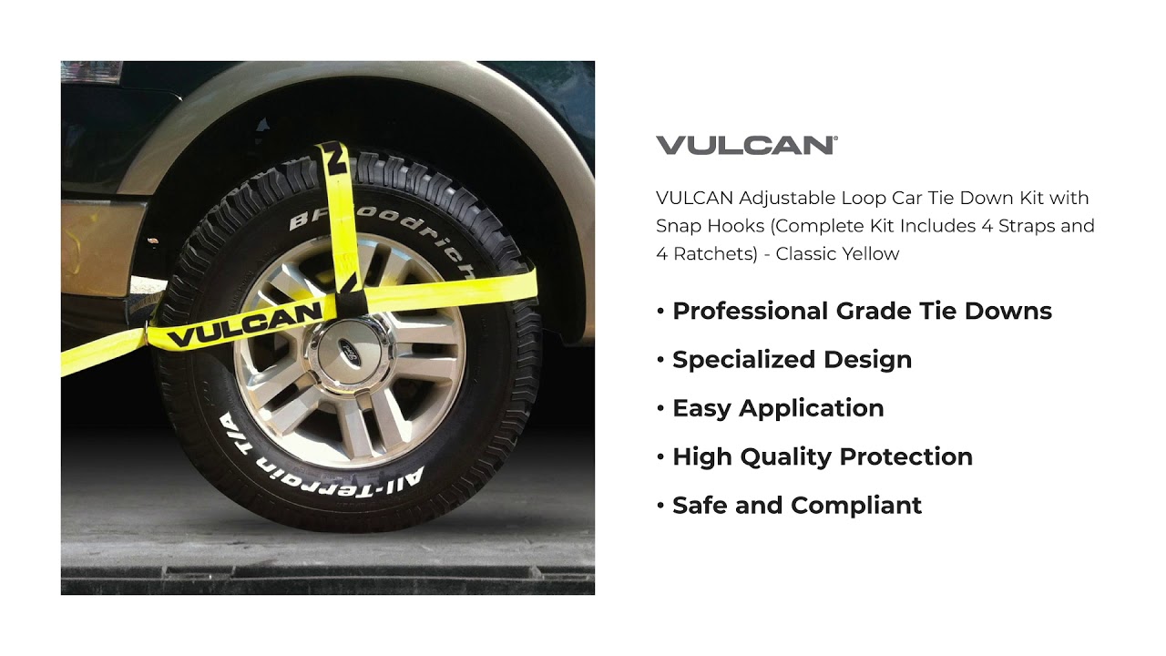 VULCAN Classic Yellow Adjustable Loop Car Tie Down with Snap Hooks 