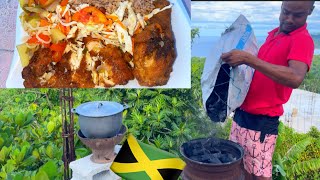 Rooftop cooking fried chicken  rice & peas yard man style.