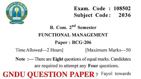Gndu Bcom 2nd Semester Functional Management Question Paper || Bcom 2nd Semester Question Paper