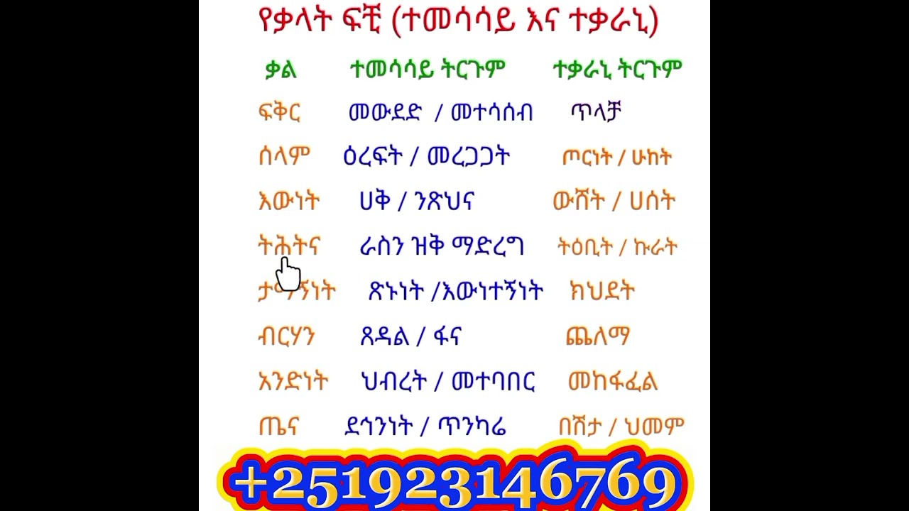 የቃላት ተመሳሳይ እና ተቃራኒ ፍቺ@+251923146769