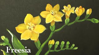 How to paint freesia with acrylic | Round brush one stroke | yellow