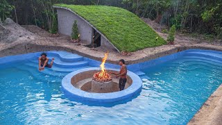 105 Days Building an Amazing Underground Mud Hut with a Grass Roof & Fire Pit in Swimming Pool