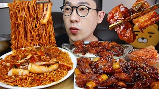 ASMR MUKBANGㅣ🔥SPICY GRILLED CHICKEN & Spicy Squid NoodlesㅣEATING SHOW