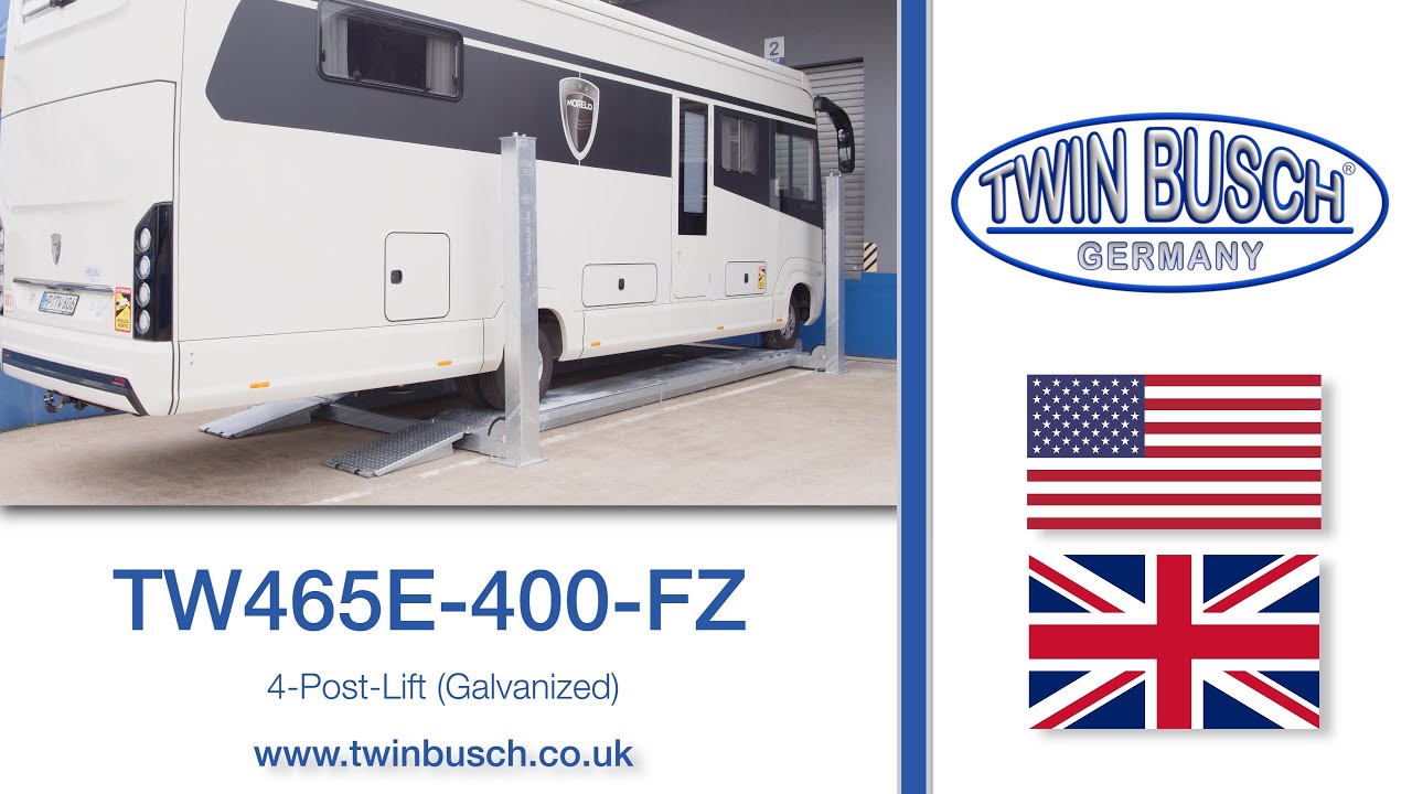TW 465E-400-FZ: galvanized four-post lift from Twin Busch® - YouTube