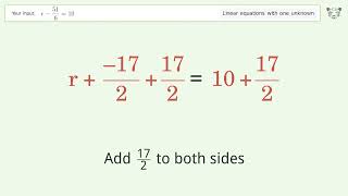 Linear equation with one unknown: Solve r-51/6=10 step-by-step solution