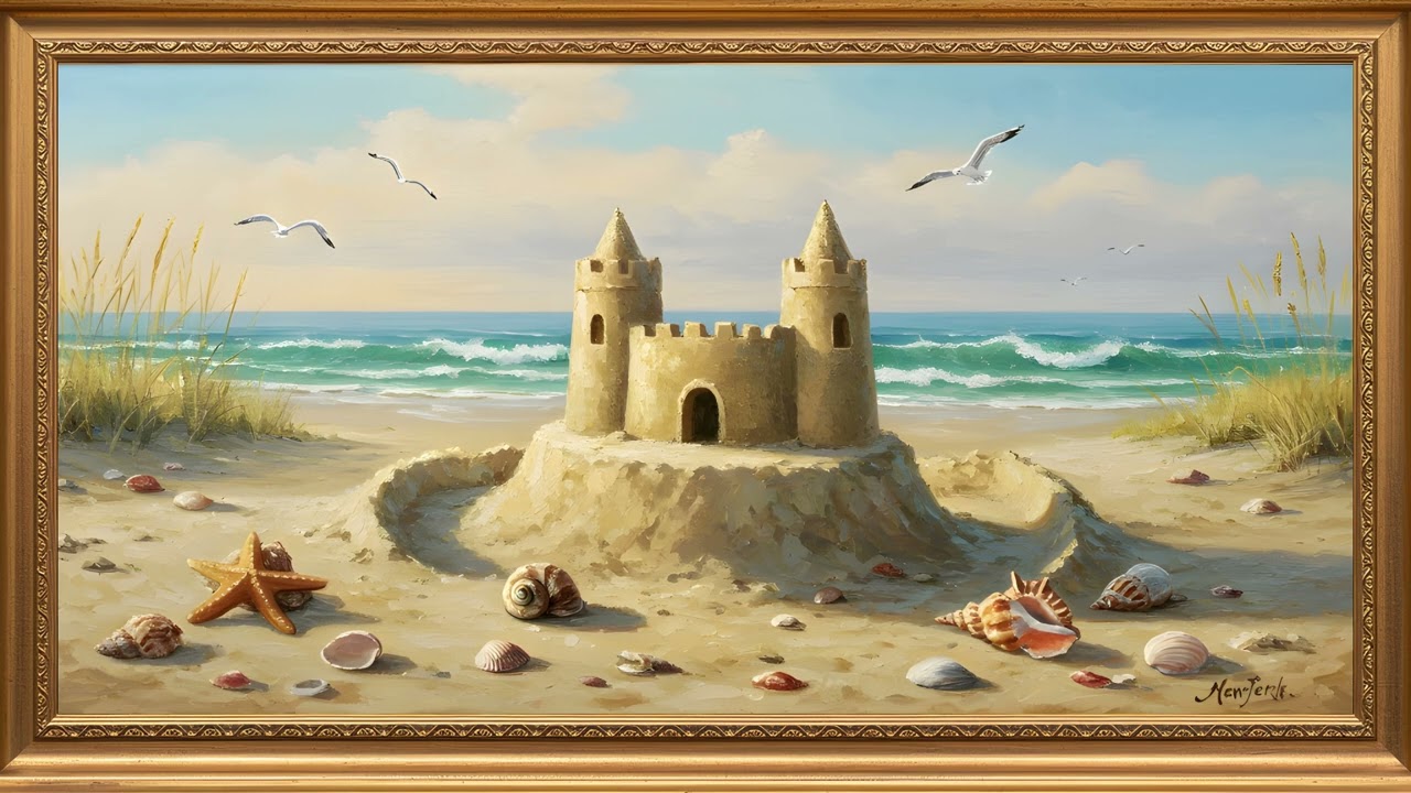 Gold Framed TV Art - Beach Sand Castle Painting - Coastal Screensaver For Your TV 🌊🐚