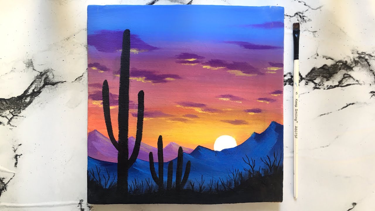 Cactus in Sunset Painting on Canvas | Acrylic Painting for beginners | Canvas Painting