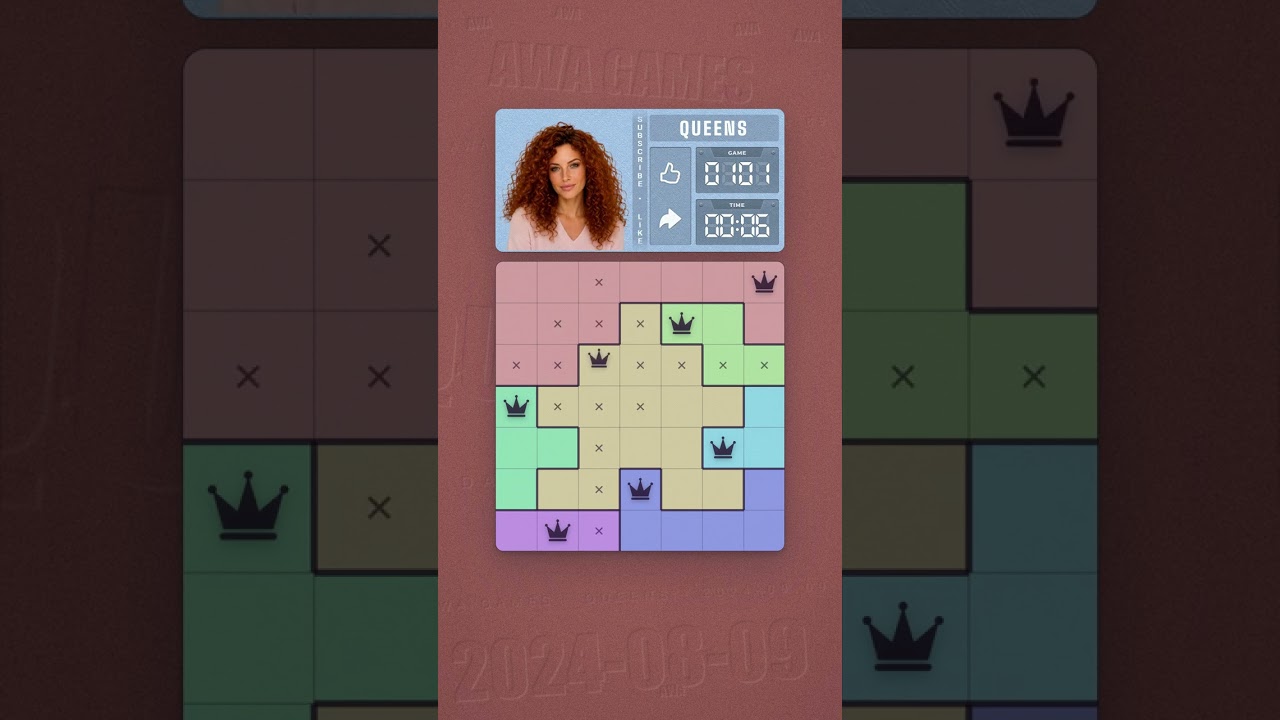 LinkedIn Queens #101 solved board for August 9, 2024, 7x7 grid