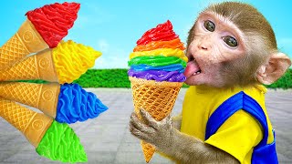 KiKi Monkey play Colorful Ice Cream challenge and eat Fruits Jelly with puppy | KUDO ANIMAL KIKI