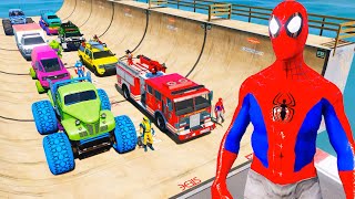 SPIDER-MAN & FIRE Truck Сhallenge Jump on MEGA Rampa ! Monster Trucks - GTA 5 screenshot 1