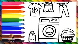 Dibuja y Colorea Una Lavadora Con Accesorios 🧼🧺👚👖 👗🌈 Dibujos Para Niños