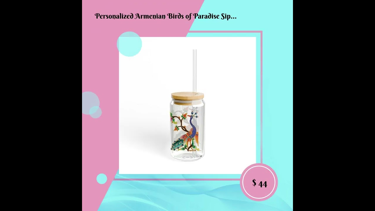 Personalized Armenian Birds of Paradise Sipper Glass, Custom Glass Mug with Lid and Straw, Haykak...