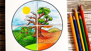 رسم الفصول الأربعة | رسم منظر طبيعي بالألوان الخشبية | رسم الفصول الأربعة بالألوان | رسم سهل | رسمات