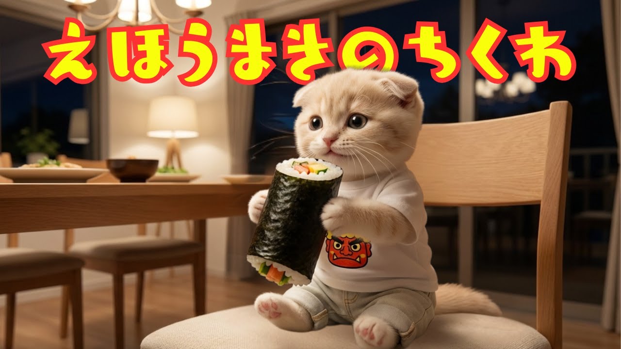 【世界一笑う猫ちくわ】笑わずに最後まで食べれるかな〜！？恵方巻きに挑戦する節分のちくわだよー👹🍣｜Ehomaki Time with Chikuwa 👹