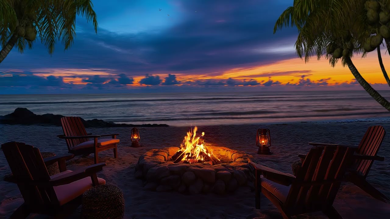 Coastal Firepit Comfort at Sunset | Quiet Waves  & Deep Relaxation Atmosphere | No Ads