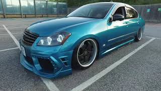 Modified Nissan Fuga VIP on airride, extremely loud straight through exhaust