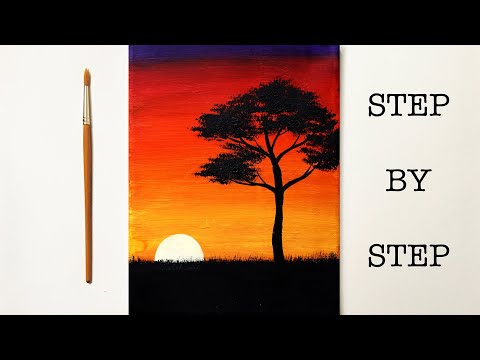 Easy Sunset for Beginners | Acrylic Painting Tutorial Step by Step ( ENG SUB )