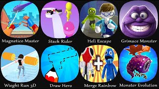 Magnetico Master, Stack Rider, Heli Escape, Grimace Monster, Wieght Run 3D, Draw Hero, Merge Rainbow