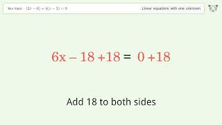 Linear equation with one unknown: Solve (2x-6)+4(x-3)=0 step-by-step solution