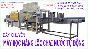 Máy bọc màng lốc chai nước tự động bọc, cắt màng co in màu, trong suốt cho lốc  4 đến 24 chai