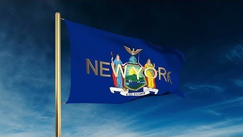 4K new york flag slider style with title. Waving in the wind with cloud background animation Stock
