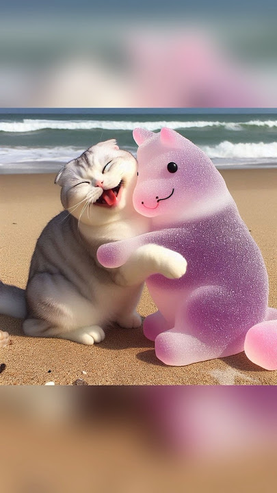 kucing lucu tertawa melihat gummy ungu kuda onta binasaurus #catcute #funny