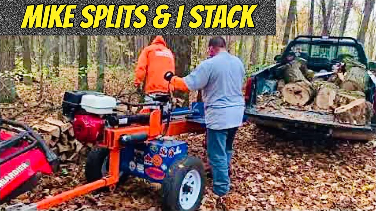 Splitting/stacking red oak FIREWOOD rounds that Mike just bought me ...