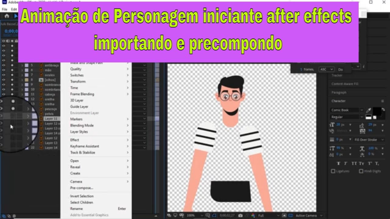 animação de personagem iniciante after effects importar e precompor- # ...