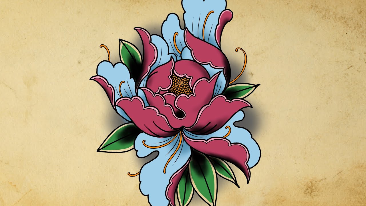 How to draw a Japanese Peony  2 styles Traditional Tattoo flash   YouTube
