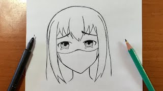 رسم انمي سهل جدا | تعلم رسم بنت حزينة ترتدي كمامة