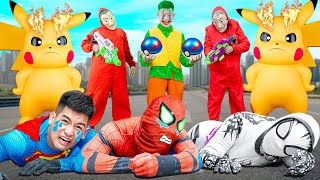 PRO 5 SPIDER-MAN Team || BATTLE with PIKACHU POKEMON JOKER (SPECIAL ACTION In Real Life) JEN SPIDER