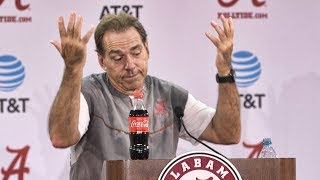 Nick Saban banters with reporters following practice Wednesday