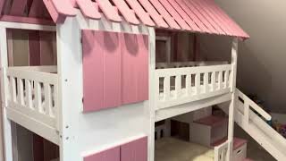 Vit Våningssäng Med Rosa Detaljer, Trappa Och Rutschkana Perfekt För Flickor -W6N