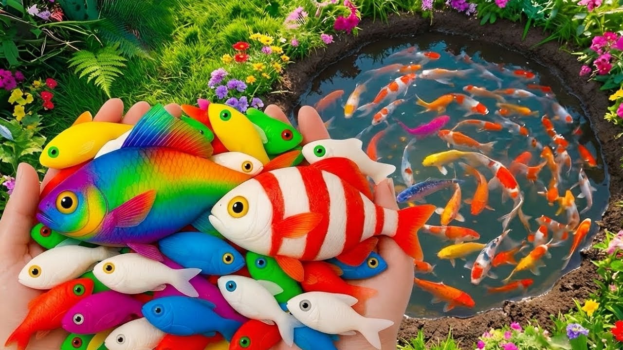 Catching koi, angel fish, gold fish, mini shark fish and 1 black gold fish in nali.