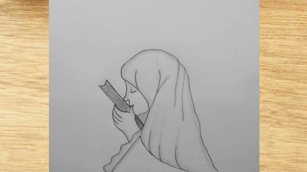 Hijab Girl with Quran Drawing. pencil girl with Quran drawing. Bizli