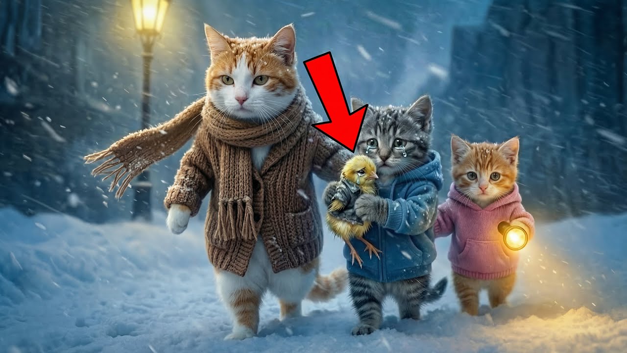 Mama Cat and Two Kittens Rescued a Baby Chick in a Snowstorm 🐣❄️