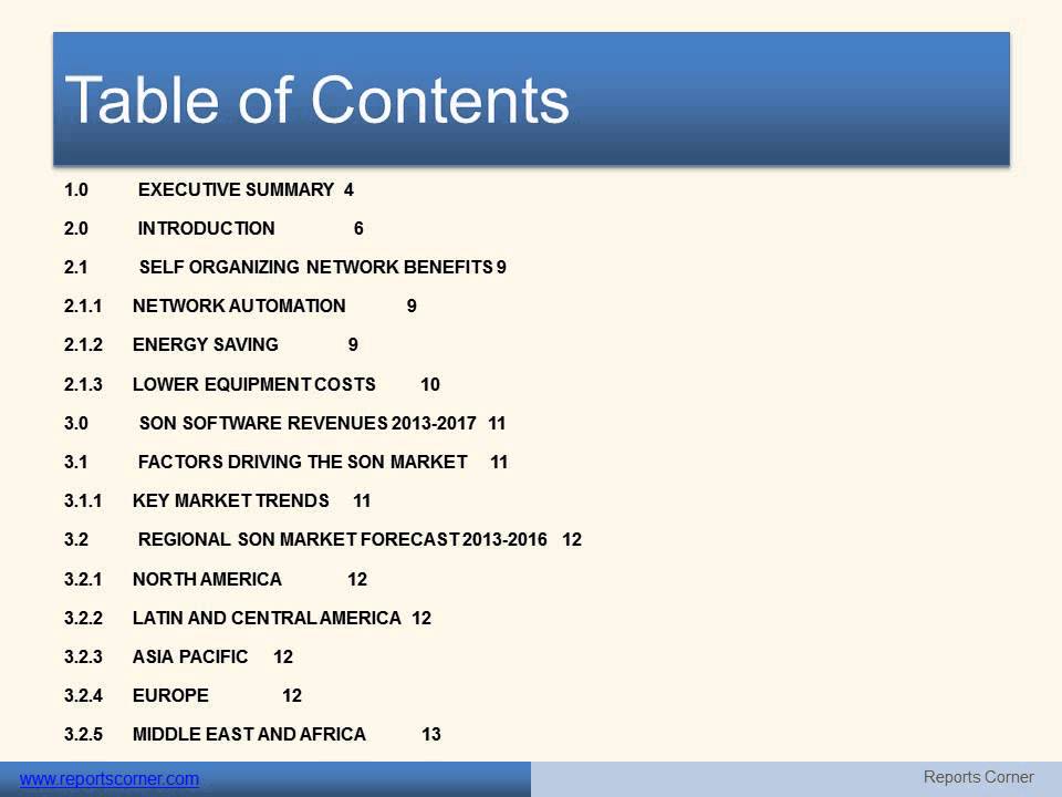 Self Organizing Network SON) Infrastructure Provider Market and Forecast 2013  2017 - Reports Corner